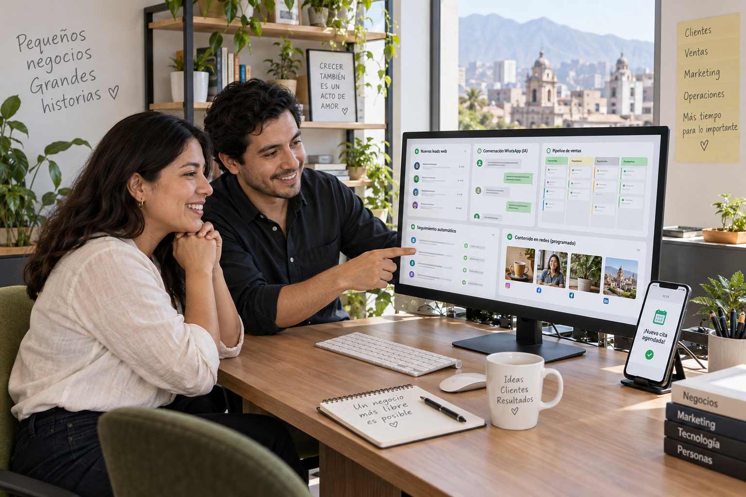 Dueña de un negocio revisando con un especialista su web, agente de IA, CRM y contenido conectados