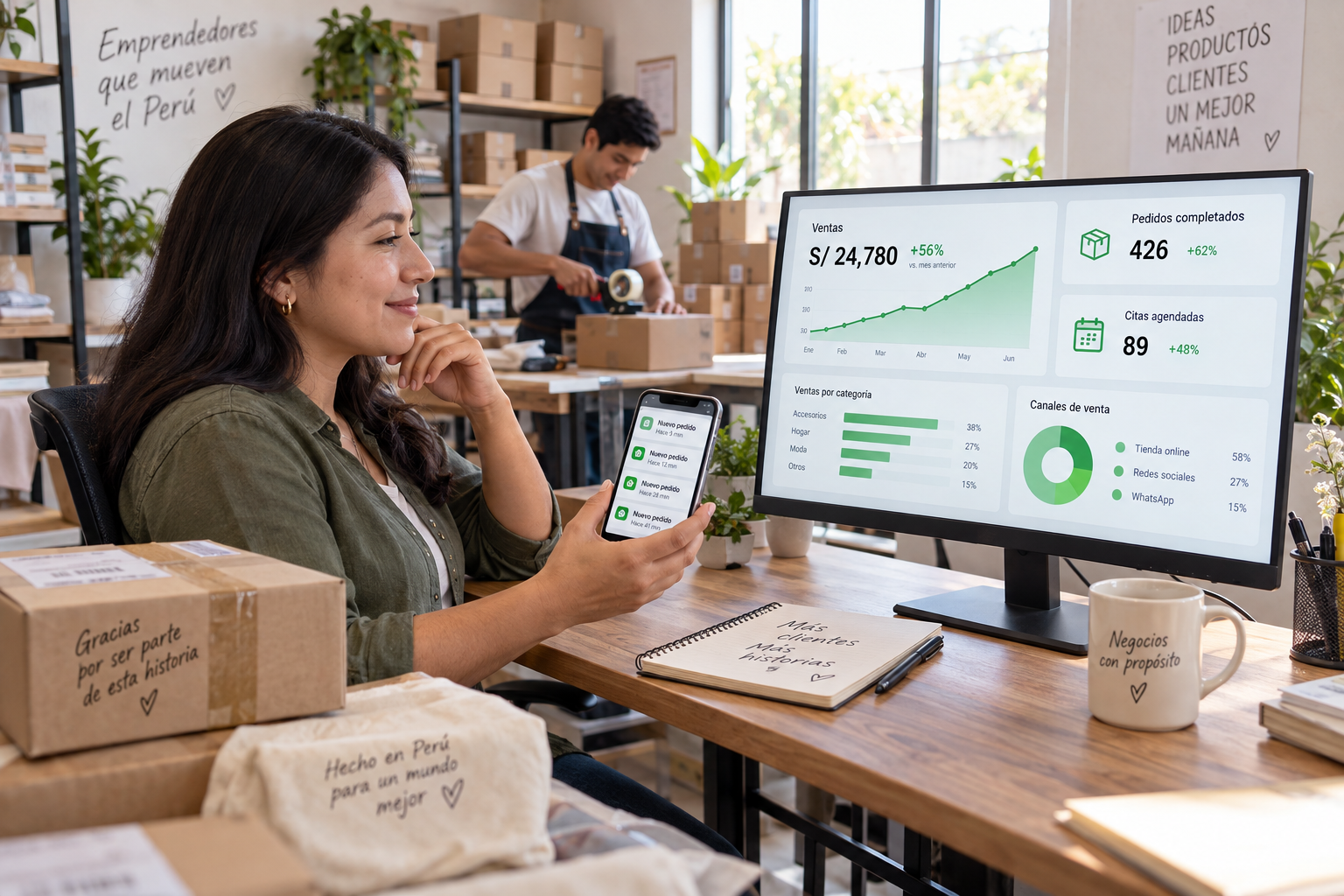 Dueña de ecommerce revisando el crecimiento de ventas mientras su equipo prepara pedidos