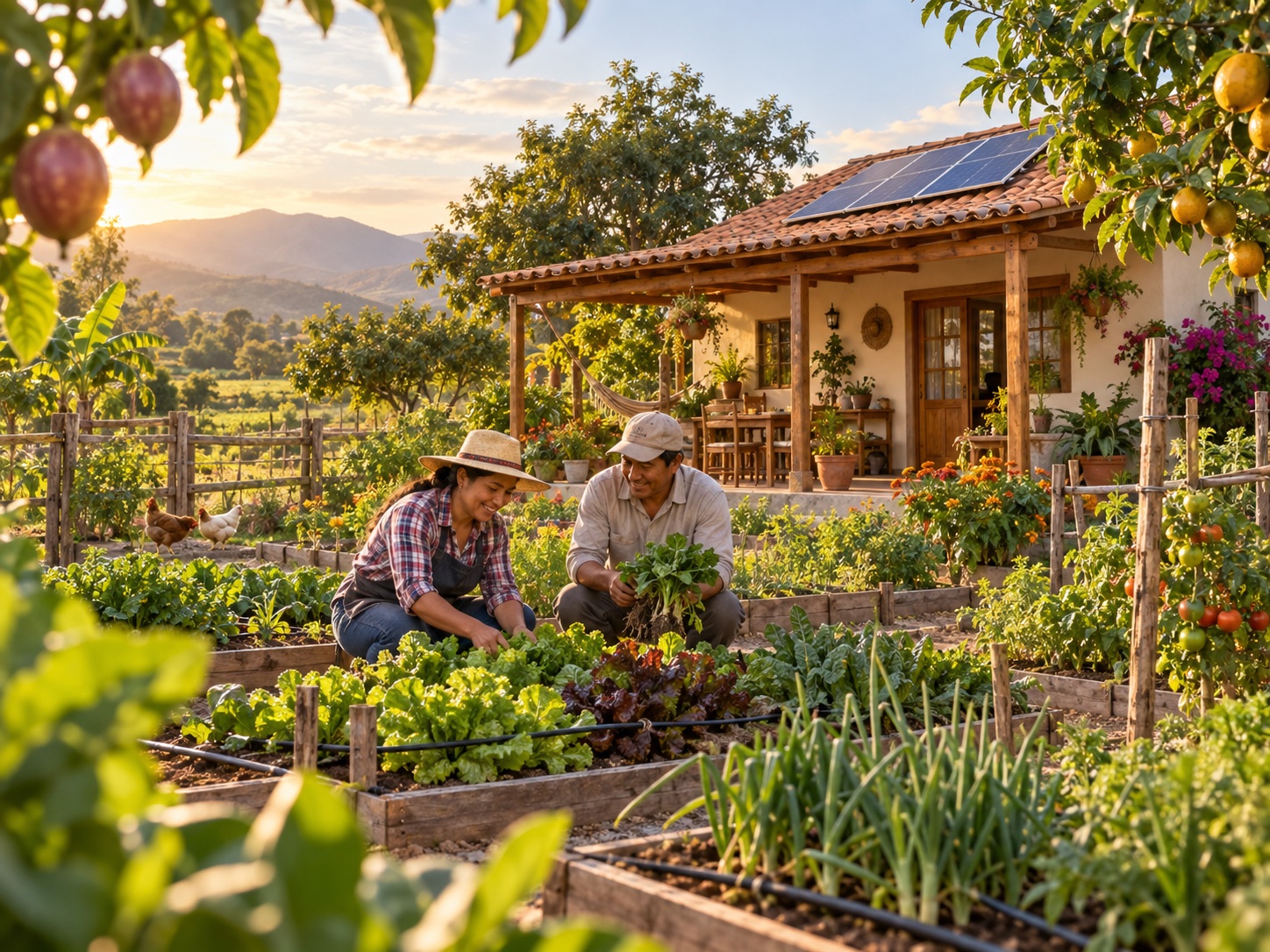 Pareja cultivando una huerta junto a su casa de campo