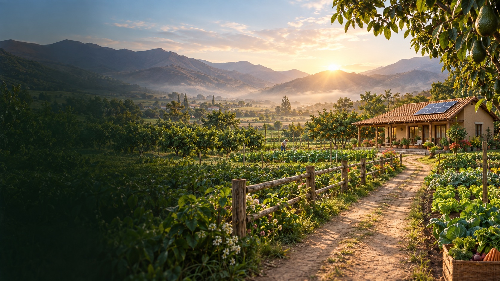 Camino hacia una casa huerta al amanecer