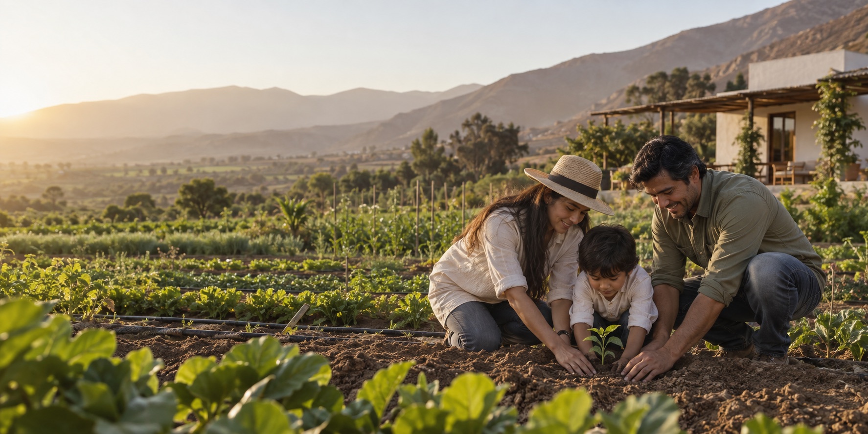Familia sembrando junta en una huerta del valle de Cañete