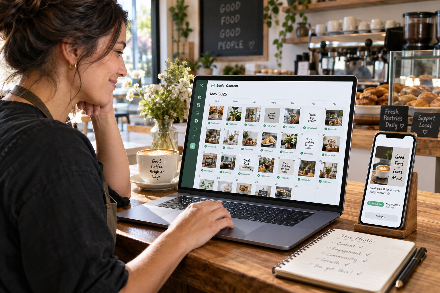 Emprendedora revisando un calendario mensual de publicaciones programadas